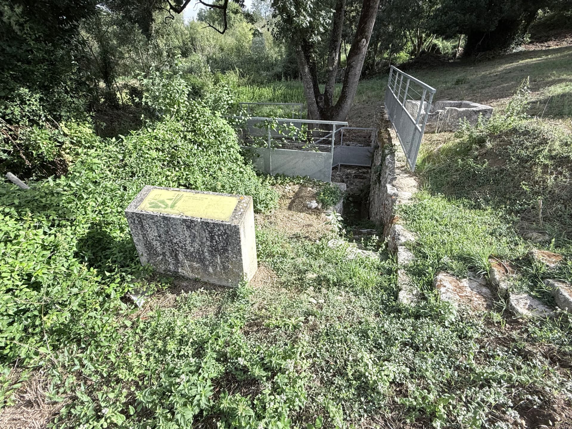 Vue d'ensemble du site du lavoir du Merzaud avec sa table de lecture