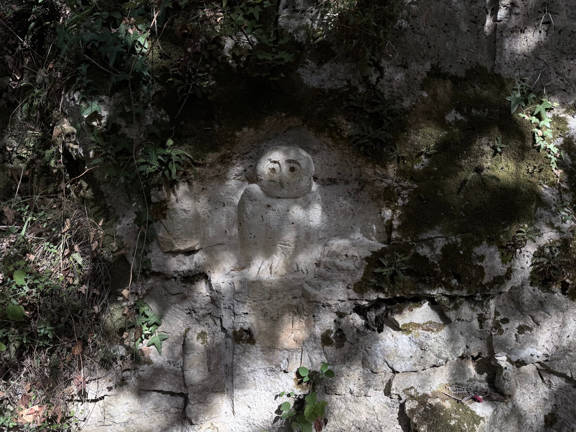 Chouette sculptée dans une niche de la falaise calcaire
