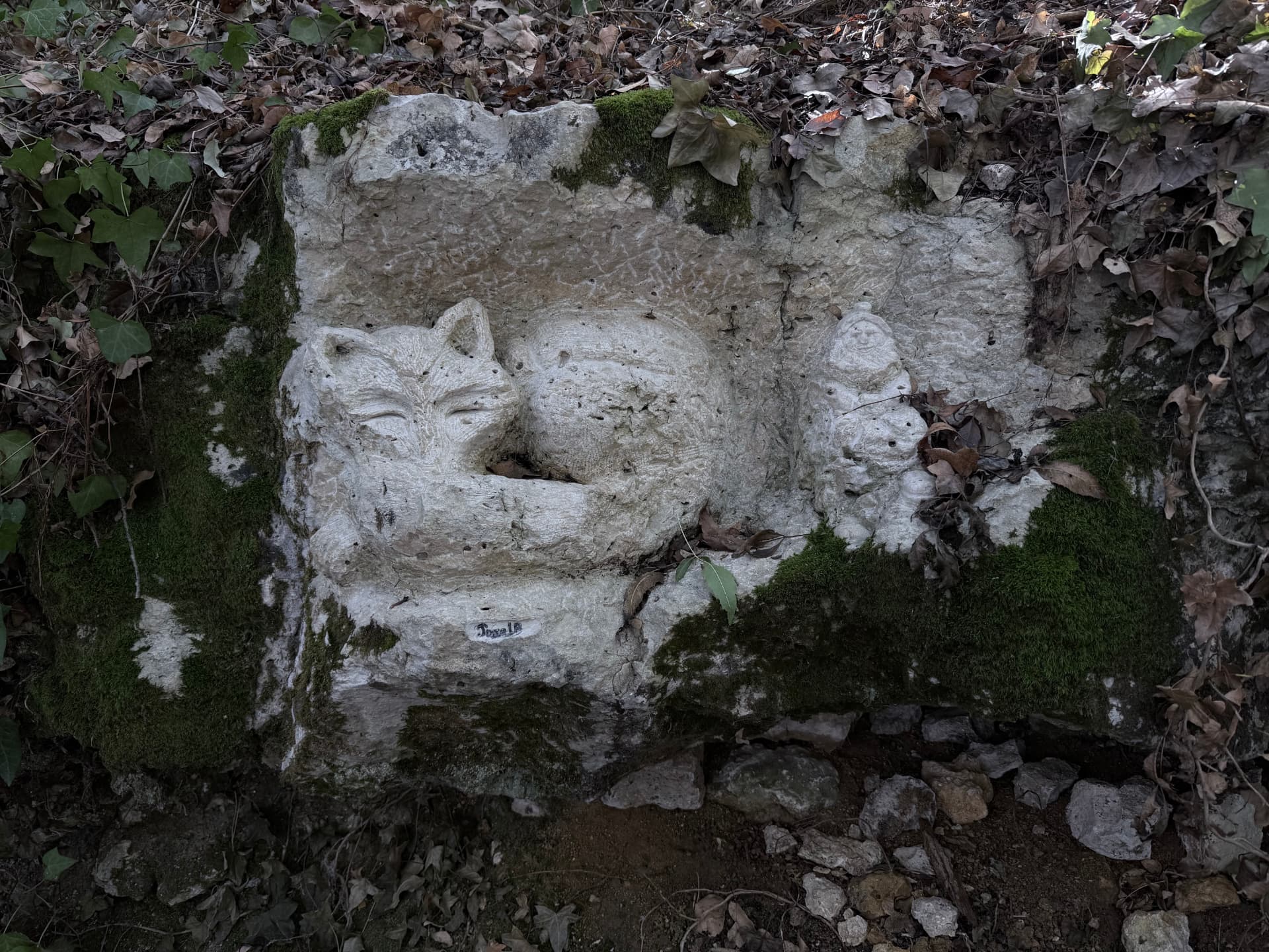 Chat endormi et petit personnage sculptés dans un bloc calcaire