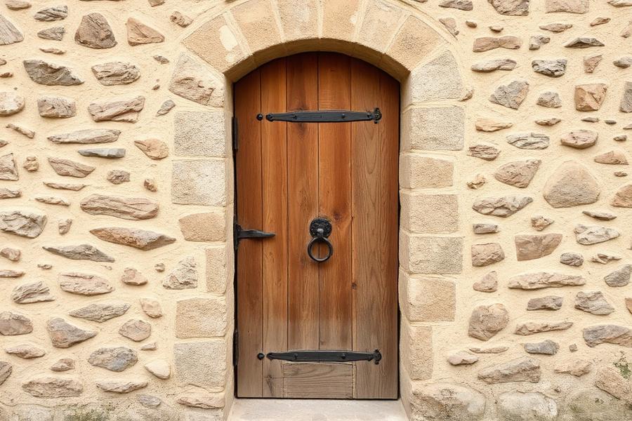 Porte ancienne en bois dans un mur de pierre